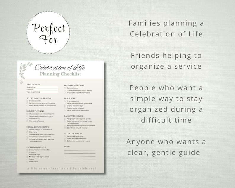 Puede incluir: Una lista de verificaci&oacute;n para la planificaci&oacute;n de una Celebraci&oacute;n de la Vida con un dise&ntilde;o floral. La lista de verificaci&oacute;n incluye secciones para detalles b&aacute;sicos, planificaci&oacute;n del servicio, comida y refrigerios y materiales impresos. El texto de la imagen dice "Perfecto para" y "Una vida recordada es una vida celebrada."