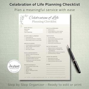 Puede incluir: Una lista de verificación imprimible para la planificación de la celebración de la vida con un diseño floral. La lista de verificación incluye secciones para detalles básicos, planificación del servicio, comida y fotos. Un bolígrafo negro descansa en el lado derecho.