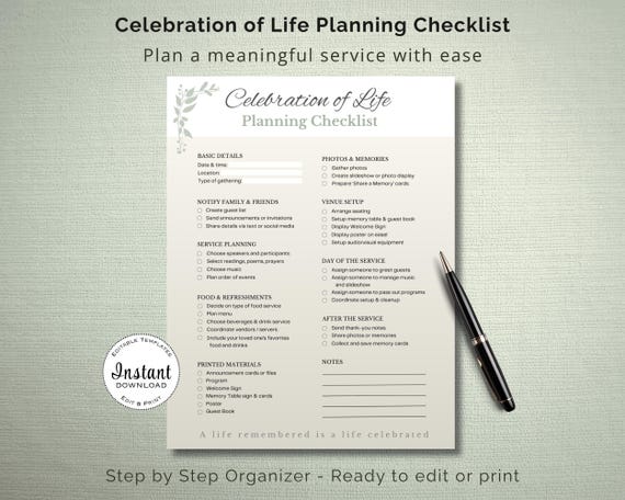 Celebration of Life Planning Checklist – Memorial Service Planner (Editable Canva, PDF Download)