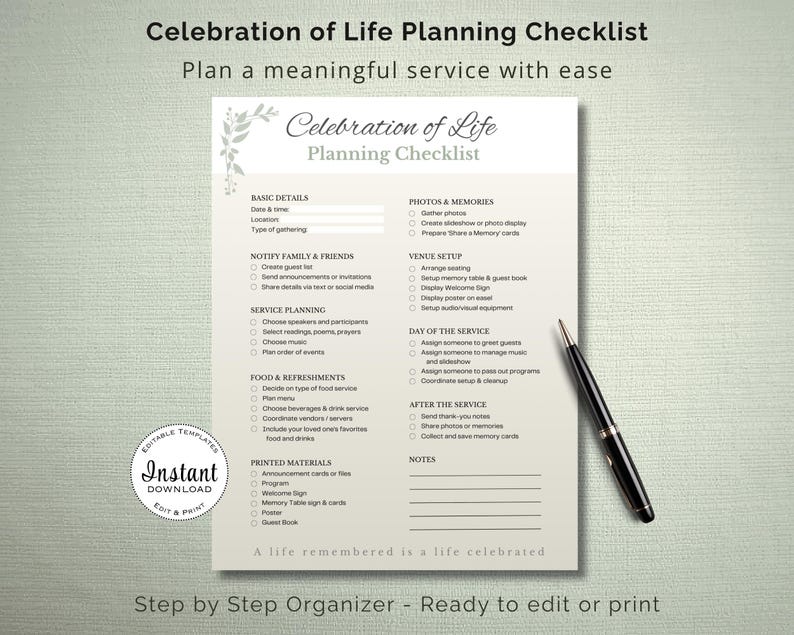 Puede incluir: Una lista de verificaci&oacute;n imprimible para la planificaci&oacute;n de la celebraci&oacute;n de la vida con un dise&ntilde;o floral. La lista de verificaci&oacute;n incluye secciones para detalles b&aacute;sicos, planificaci&oacute;n del servicio, comida y fotos. Un bol&iacute;grafo negro descansa en el lado derecho.