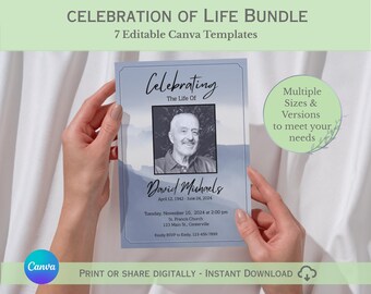 Paquete de Celebración de la Vida / Plantillas editables de Canva para Anuncios Funerarios (Descarga Digital)