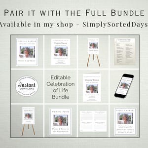 Puede incluir: Una colecci&oacute;n de plantillas editables de Celebraci&oacute;n de la Vida, que incluyen tarjetas conmemorativas, una mesa de recuerdos y una tarjeta para compartir un recuerdo. Las plantillas presentan una foto y texto.
