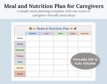 Mahlzeiten- und Ernährungsplan für Pflegekräfte - druckbare oder bearbeitbare PDF-Datei