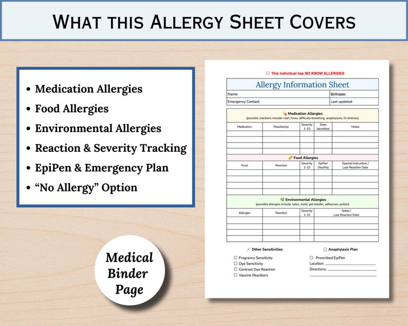 Allergy Information Sheet Printable, Emergency Binder Page, Medical ...