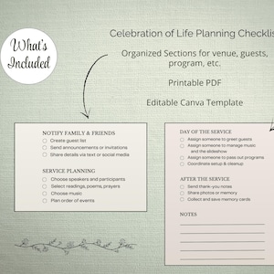 Puede incluir: Una lista de verificaci&oacute;n para la planificaci&oacute;n de la celebraci&oacute;n de la vida, con secciones organizadas para el lugar, los invitados y el programa. Incluye un PDF imprimible y una plantilla de Canva editable. Con secciones para tareas.