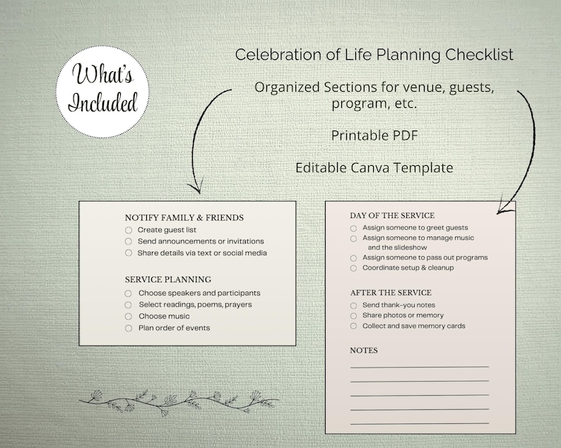 Puede incluir: Una lista de verificaci&oacute;n para la planificaci&oacute;n de la celebraci&oacute;n de la vida, con secciones organizadas para el lugar, los invitados y el programa. Incluye un PDF imprimible y una plantilla de Canva editable. Con secciones para tareas.