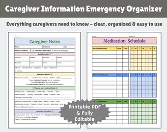 Pflegehelfer Notfallinformations-Organizer | Medikamente, Kontaktlinsen & Pflegehinweise | Druckbare PDF | Voll bearbeitbar