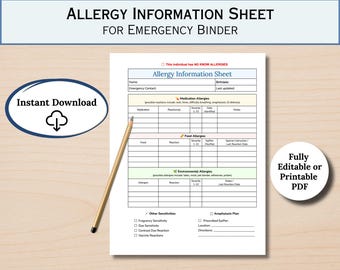 Allergie-Informationsblatt zum Ausdrucken, Notfall-Binder-Seite, Medizinisches Info-Formular, Pflegehinweis, Schulallergie-Aufzeichnung