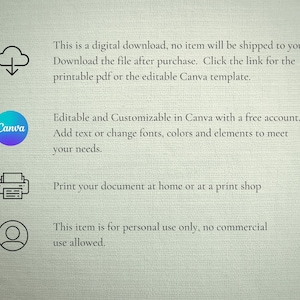 Puede incluir: Gr&aacute;fico de descarga digital con texto: 'Esta es una descarga digital...Descarga el archivo despu&eacute;s de la compra...Editable y personalizable en Canva...Imprime tu documento en casa...Este art&iacute;culo es solo para uso personal.'