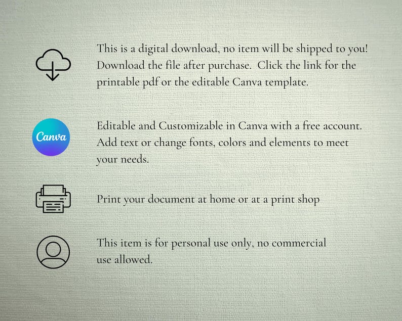 Puede incluir: Gr&aacute;fico de descarga digital con texto: 'Esta es una descarga digital...Descarga el archivo despu&eacute;s de la compra...Editable y personalizable en Canva...Imprime tu documento en casa...Este art&iacute;culo es solo para uso personal.'