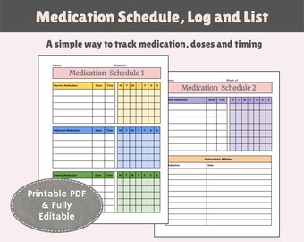 Medikationsplan, Log & Liste: Druckbarer Medikations-Tracker, bearbeitbares PDF