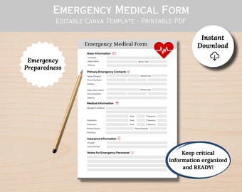 Medizinisches Notfallinformationsblatt.  Druckbare PDF & bearbeitbare Canva Vorlage - Medizinischer Überblick