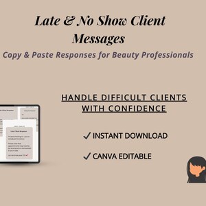 Plantillas de mensajes para clientes que llegan tarde o no se presentan para negocios de belleza Política de cancelación de salones Guiones de no pago Respuestas de clientes para copiar y pegar