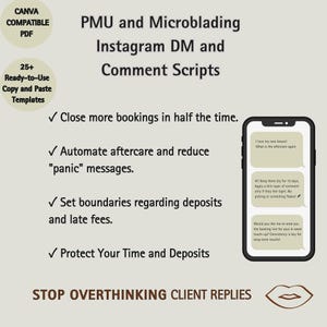 PMU Artist Client Scripts - Microblading Lip Blush Aftercare & Healing Process Message Templates - PMU Business Communication Kit Canva