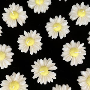 Könnte beinhalten: Eine Ansammlung von kerzenförmigen Gänseblümchen mit weißen Blütenblättern und gelben Zentren, jede mit einem kleinen Docht. Die Kerzen sind auf einer schwarzen Oberfläche angeordnet und bilden ein Blumendesign.