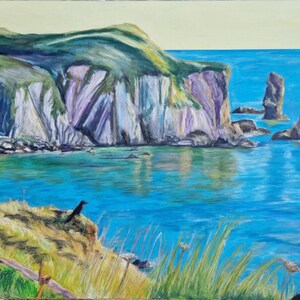 May include: Oil painting of a coastal scene with a turquoise sea and a rugged cliff. The cliffs display green, purple, and white hues. A crow is perched on the grassy foreground. The sky is a pale yellow.