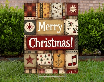 Faux Patchwork Christmas Yard Sign with Metal H-Stake, Merry Christmas Lawn Sign, Rustic Quilt Holiday Garden Sign, Outdoor Decor YS134
