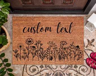 Custom Text Wildflowers Welcome Mat, Personalized Colorful Floral Doormat, Spring & Summer Front Porch Decor, Cute Housewarming Gift, DM103