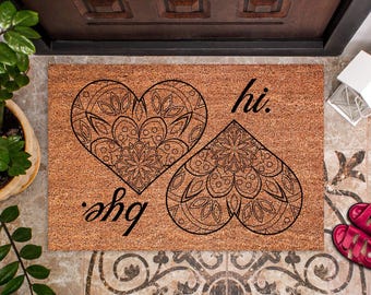 Retro Floral Coir Doormat, Retro Heart Hi Bye Door Mat, Modern Poppy Design, Housewarming Gift, Welcome Doormat, Home Decor Gift, DM46