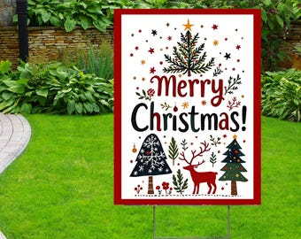 Merry Christmas Yard Sign with Metal H-Stake, Folk Art Reindeer Christmas Lawn Sign, Whimsical Holiday Garden Outdoor Decor YS136