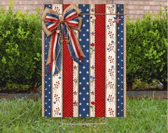 America 250 Garden Sign Patriotic Floral Porch Decor, 250th Birthday of America Flag, 4th of July Outdoor Yard Sign with Metal H-Stake, YS89