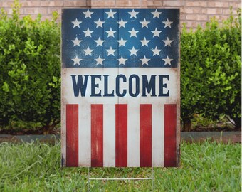 Welcome America Flag Garden Sign, 250 Years America Yard Sign with Metal H-Stake, Patriotic Independence Vintage American Yard Sign, YS90
