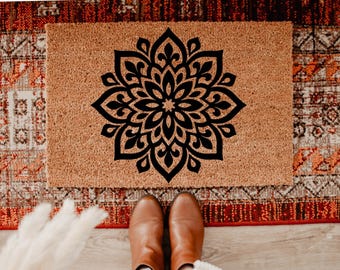 Retro Floral Coir Doormat, Modern Poppy Design, Housewarming Gift DM26