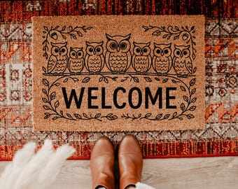Owl Welcome Coir Doormat, Woodland Owl Front Door Mat, Rustic Bird Welcome Mat, Nature Porch Decor, Cottage Farmhouse Housewarming DM152