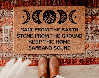 Salt From The Earth Doormat, Witchy Welcome Mat Home Protection Spell Decor, Floral Lunar Cycle Porch Mat, Spiritual Housewarming Gift DM118