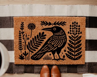 Folk Art Raven Crow Coir Doormat Welcome Front Door Mat New Home Closing Housewarming Gift DM107