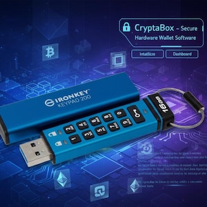 Könnte beinhalten: Ein blauer Ironkey Keypad 200 USB-Stick mit numerischer Tastatur und 16 GB Kapazität. Das Gerät wird mit seiner Schutzhülle und einem Metallschlüsselanhänger gezeigt. Der Hintergrund ist ein digitales Design mit dem Text "CryptaBox - Secure Hardware Wallet Software".