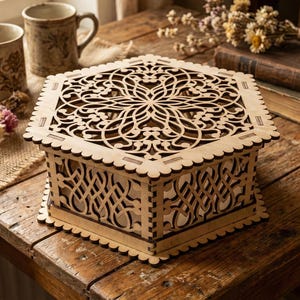 May include: A decorative wooden box with intricate laser-cut designs on the lid and sides. The box is hexagonal with a scalloped edge and sits on a wooden table. The box is made of light-coloured wood.