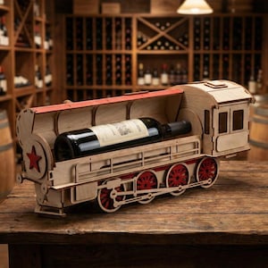 May include: A wooden train-shaped wine bottle holder with red accents and wheels. The holder is open, displaying a wine bottle inside. The background shows a wine cellar with wooden barrels and shelves filled with wine bottles.
