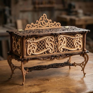 May include: A handcrafted wooden box with intricate scrollwork and a decorative top. The box is made of layered wood in shades of brown and tan, with a detailed design on the front and sides. It sits on four ornate legs.
