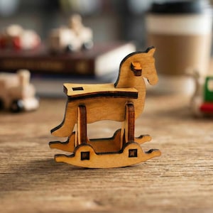 Miniature Rocking Horse Laser Cut Files | Tiny Dollhouse Nursery Toy SVG DXF PDF | 3mm Plywood Mdf Model | Micro Furniture Project for Laser