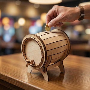 May include: A wooden barrel-shaped piggy bank with a coin slot on top and a spigot on the front. The bank is made of light-colored wood and sits on a wooden table. A hand is placing a coin into the slot.