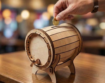 Alcancía de barril de vino cortada a láser (archivos SVG y DXF) / Hucha de barril de madera / Plano vectorial de rompecabezas de madera contrachapada 3D / Regalo de ahorro para niños DIY