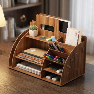 May include: A wooden desk tidy with several compartments and shelves. It contains a tablet, notebooks, pens, and other stationery. A small potted succulent sits on top. The organiser is made of wood with a natural grain finish.