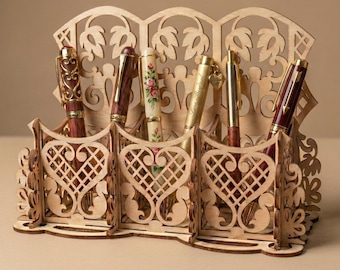 Floral Desk Pen Holder Laser Cut SVG DXF Files | 3mm Plywood Cnc Vector Plan| Vintage Style Office Organizer | DIY Valentine's Day Gift Idea