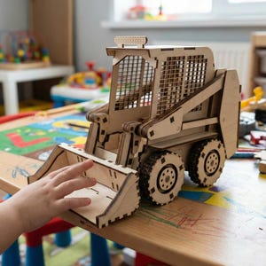 May include: A wooden toy skid steer loader with a detailed design. The toy features a front bucket, a cab with a protective grill, and four wheels. The construction vehicle is made of light-colored wood and sits on a table.