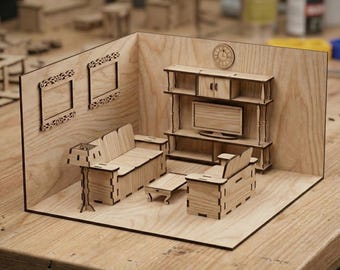 Miniature Living Room Furniture Laser Cut DXF SVG PDF Files | 3D Dollhouse Room Box Diorama Template | 3mm Plywood Cnc Pattern
