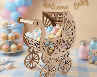 Arquivos SVG e DXF para corte a laser de carrinho de bebê | Centro de mesa em madeira compensada de 3 mm com formato de carrinho | Porta-doces de madeira para chá de bebê | Modelo vetorial para decoração de quarto de bebê (faça você mesmo)