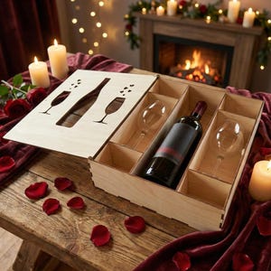 May include: A wooden wine gift box with a laser-cut design on the lid, showing a bottle and two glasses. Inside, there's a bottle of wine and two wine glasses. The scene is set on a wooden table with rose petals.