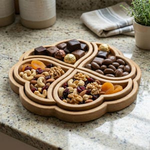Pode incluir: Uma bandeja de madeira para servir com quatro compartimentos em forma de coração. Cada seção contém um lanche diferente: chocolates, nozes, damascos secos e cranberries. A bandeja é marrom claro e fica em uma bancada salpicada.