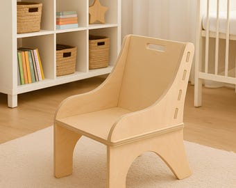 Silla para niños pequeños (archivo DXF, PDF, SVG), plano de silla de madera para guardería, silla infantil de madera contrachapada de 12 mm, archivo cortado con láser CNC, muebles preescolares Montessori