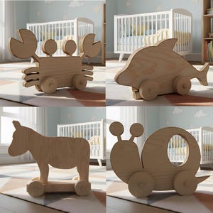 May include: Four wooden toy animals: a crab, a dolphin, a donkey, and a snail. Each toy has a simple design with wheels for movement. The toys are made of light-colored wood and are suitable for children.