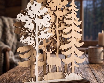 3D Layered Deer in Forest SVG DXF | Multilayer Wood Art Laser Cut Files | 3mm Plywood CNC Template | Wildlife Cabin Decor | Woodland Scene