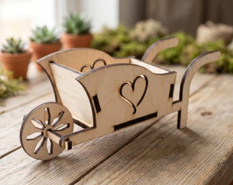 Laser geschnitten Schubkarre Pflanzgefäß SVG, Miniatur Holz Garten Wagen DXF, 4 mm Sperrholz CNC Fräser Vektor-Dateien, Tabletop Dekor Vorlage