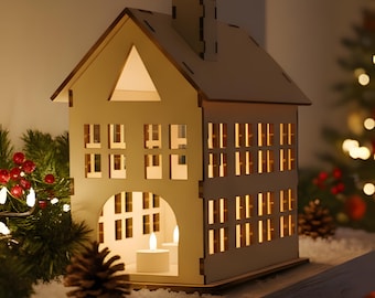 House Tealight Holder Laser Cut DXF File | Christmas Lantern | 4mm Plywood/MDF | Cozy Decorative Candle House | CNC/Glowforge Holiday Laser