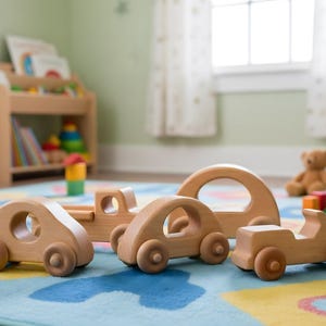 May include: A collection of wooden toy cars in various designs, including a car with a circular window, a truck, and a convertible. The toys are made of light-colored wood and sit on a blue and yellow patterned rug in a child's room.